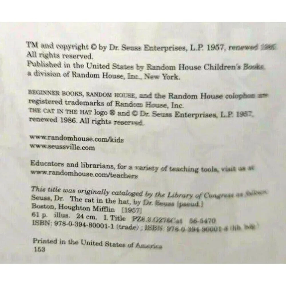 The Cat In The Hat Hardcover Book By Dr. Seuss Beginner Books Random House 1957 - Picture 4 of 5